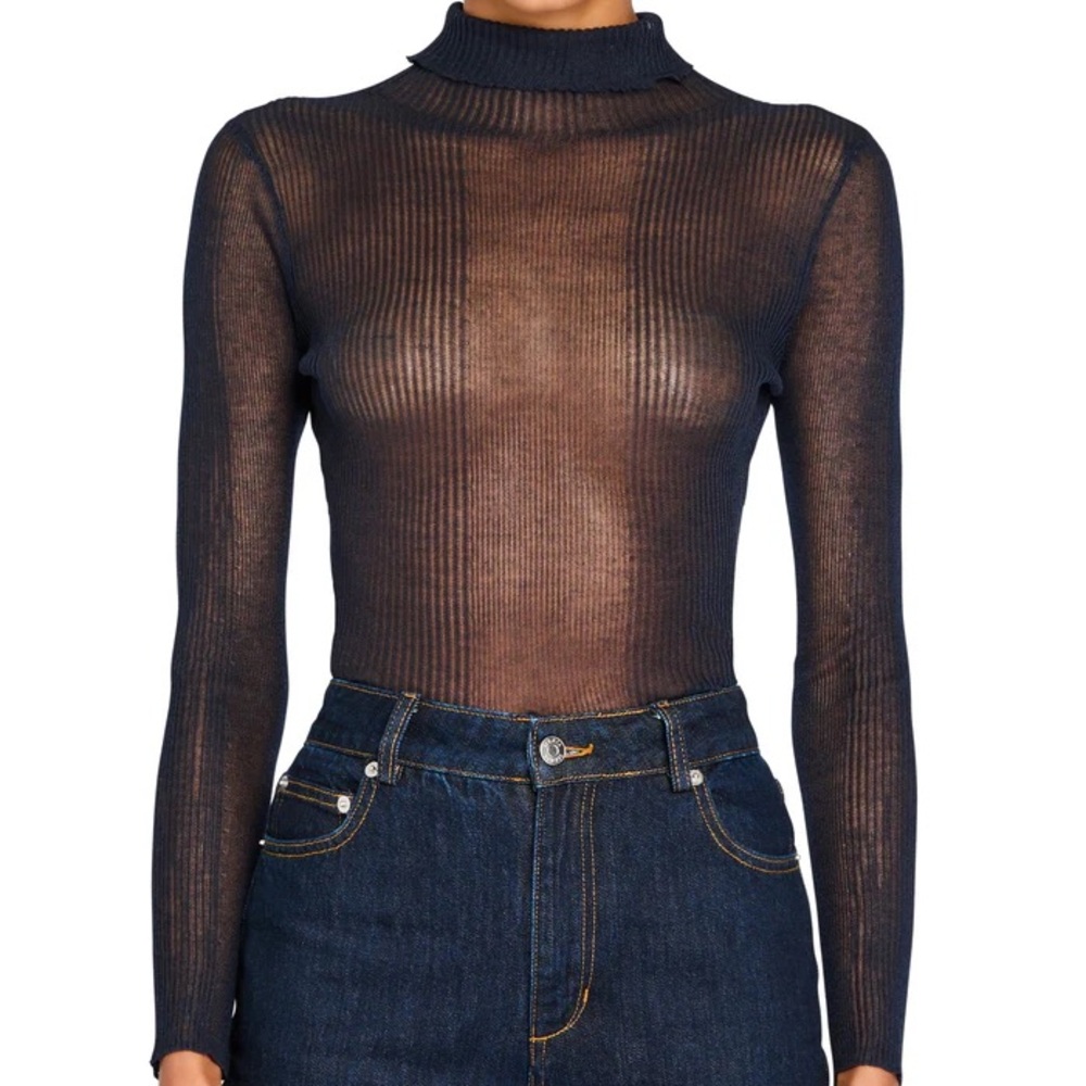NWT SER.O.YA Piper Top — Sapphire Blue Sheer Ribbed Sweater (Size L)